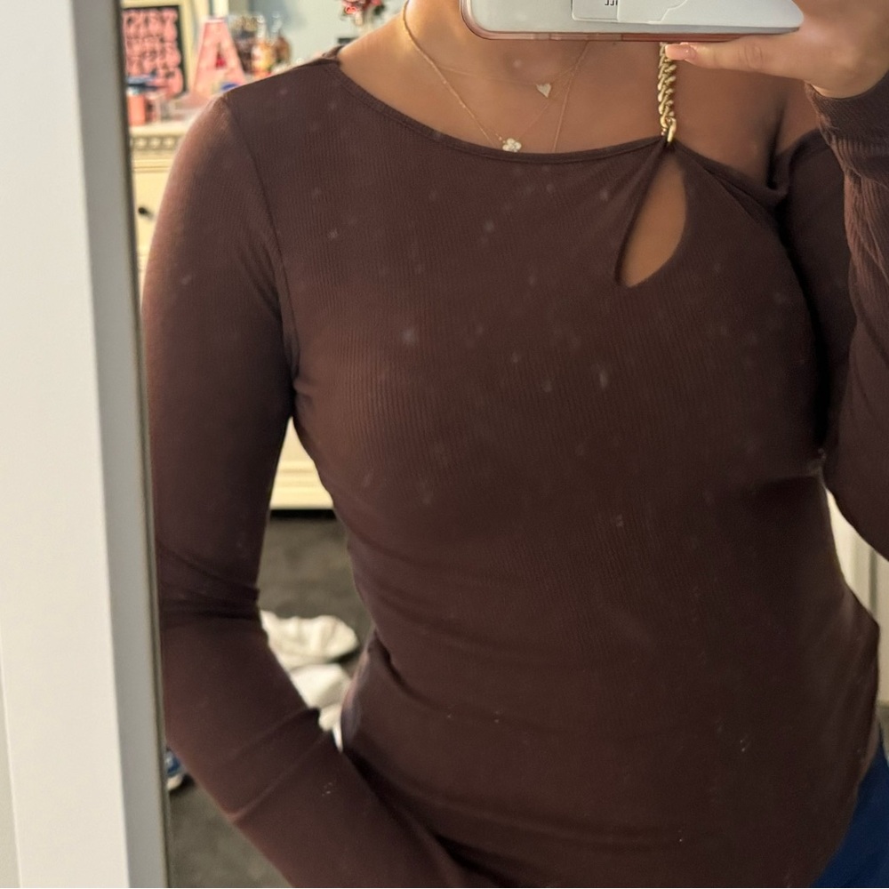 Brown Long Sleeve Cutout Top with chain strap
